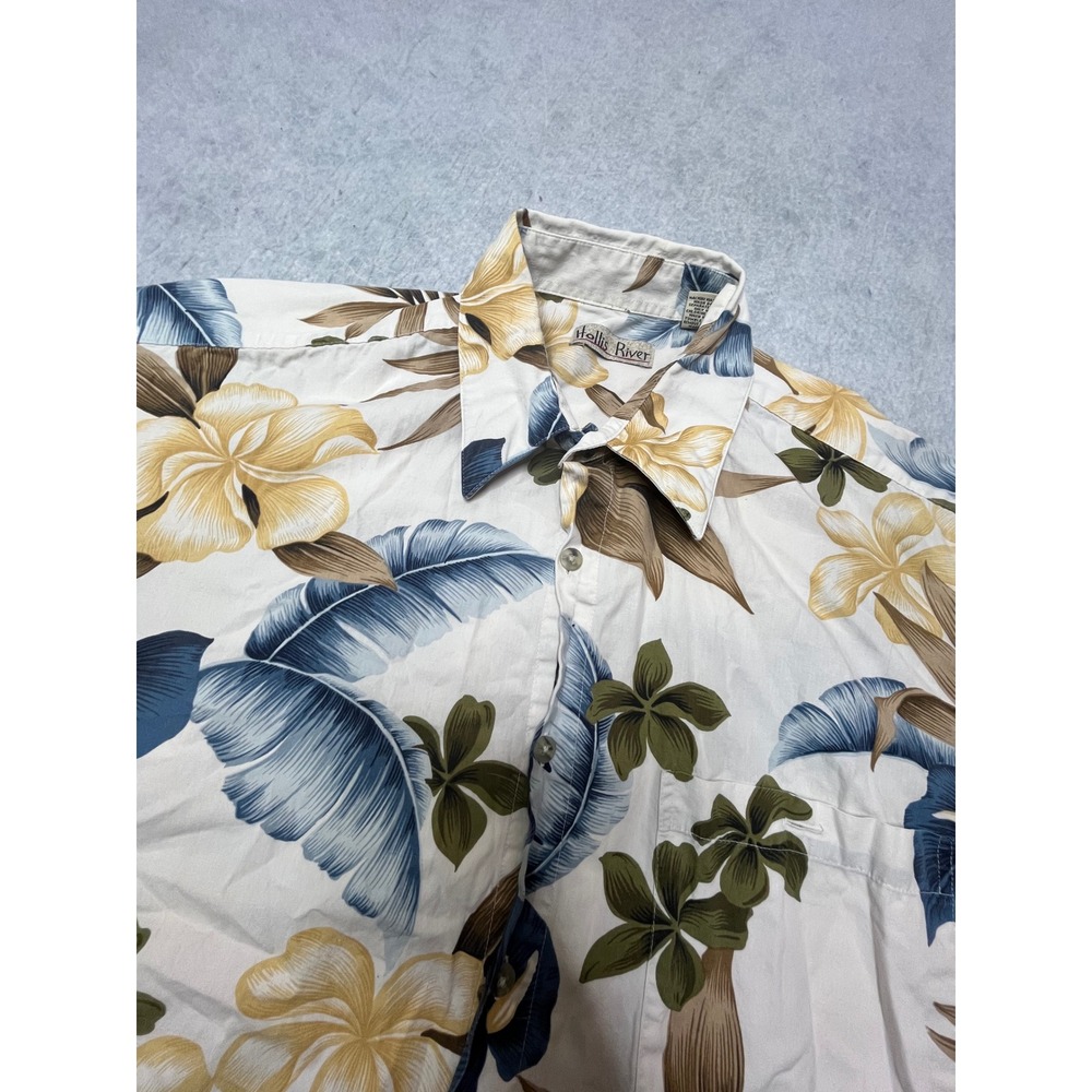 Hollis River Mens Large Tropical Floral Palm Leaf Cotton Button Down Shirt Cream